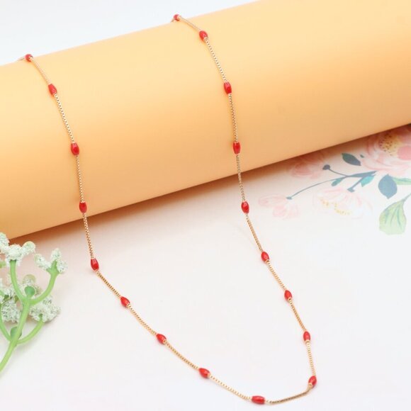 "Red Beaded Yellow Gold Necklace+ 2 Inch Adjustable Chain, XPNL0297 - Picture 1 of 12